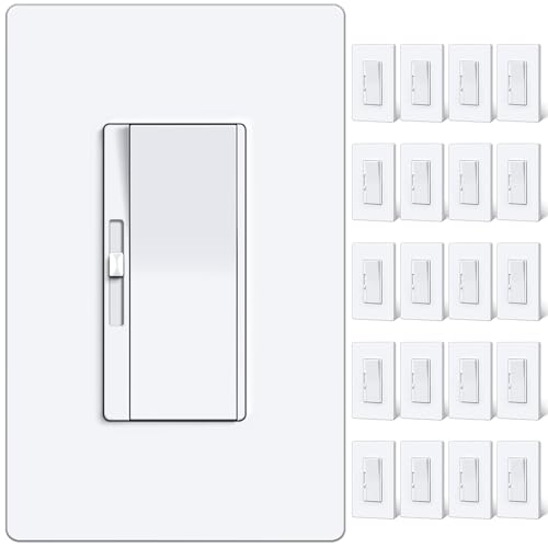 Image of BESTTEN 20-Pack Dimmer Light Switch, Single Pole or 3 Way Dimmable Switch | ETL Listed, Quiet Rocker, Max 300W LED, CFL, 600W Incandescent, with Screwless Wallplate, White