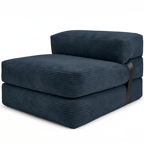 bananair - Sofá Cama 1 Plaza Convertible - Cama Individual Desfundable en Terciopelo Acanalado - Sillon Una Plaza, Futón Japonés Práctico y Confortable, Acolchado en Espuma (70 x 190 cm, Azul)
