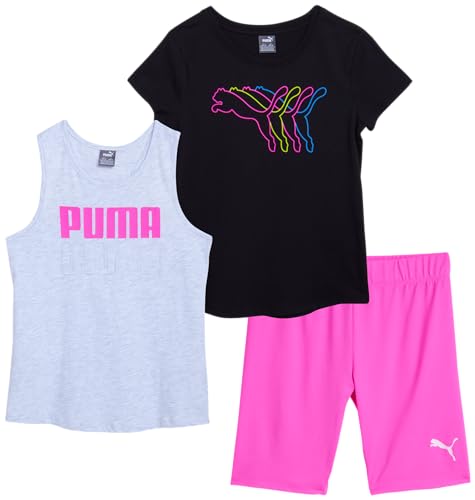 Image of PUMA Girls' Active Shorts Set - 3 Piece Performance T-Shirt, Tank Top, Bike Shorts - Summer Athletic Outfit for Girls (7-14)
