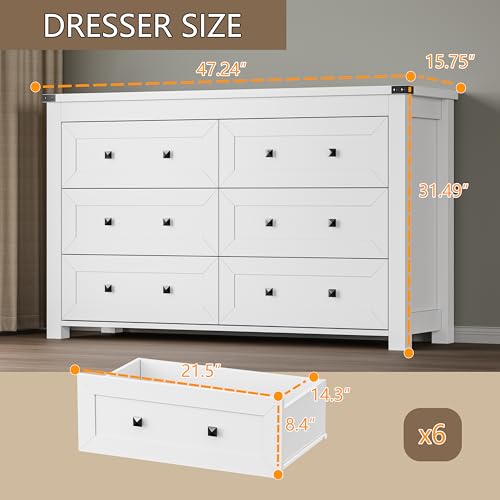 Image of BORNOON 6-Drawer Dresser, Modern Wooden Storage Chest of Drawers, Dresser TV Stand, Wood Drawer Organizer with Metal Handles for Bedroom, Living Room, Hallway
