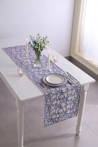 Image of Ravaiyaa - Attitude is everything Cotton Hand Block Printed Table Runner Bed Runner Table Decor (White & Blue Floral)