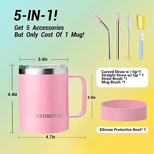 Froscold Insulated Coffee Mug With Lid & Straw, 12Oz Double Wall Camping Mug Tumbler With Handle, Reusable Stainless Steel Travel Coffee Mug, Thermal Coffee Cup For Outdoor, Office, Gift (Pink) #TOP1