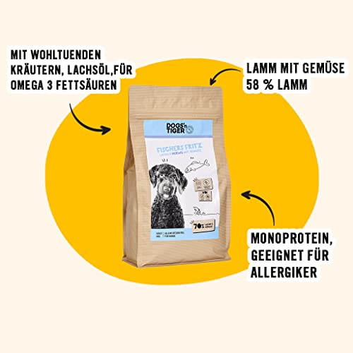 Dogs’n Tiger Adult Premium Hunde Futter, Fischers Fritz, Trockenfutter für Hunde mit 70% Fleischanteil – ohne Zucker & Getreide, Lachs und Hering mit Gemüse, 2kg