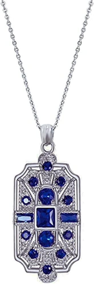 Secret for Longevity Geometric Art Deco Vintage Antique Flapper Gatsby Retro Style Royal Blue Sapphire Rhinestone 19" inch Silver Tone Chain Pendant Necklace
