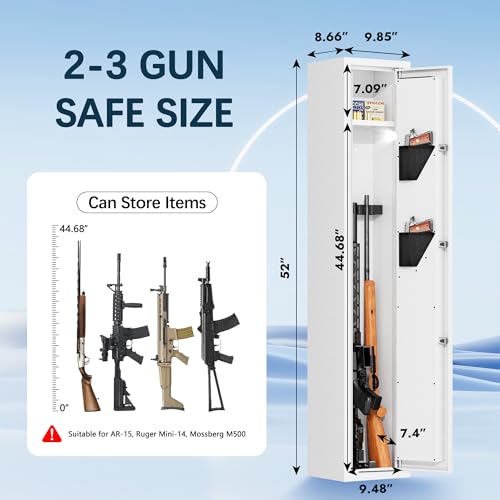 Image of KAER 2-3 Gun Safe Cabinet with Digital Keypad for Rifles & Pistols | White anti-pry steel gun cabinet with digital keypad & spare keys, holds 2-3 guns with ammo shelf, wall /floor mountable