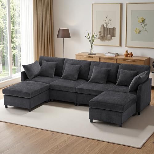 Sofá esquinero convertible, sofá convertible de 4 plazas, de tela chenille con reposapiés extraíble, sofá de cuatro plazas en L en U, adecuado para casa, salón, apartamento