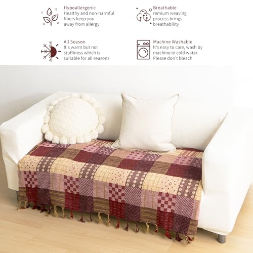 VANJOROY 100% Chenille Bohemian Large Sofa Throw Blanket For 2 3 Seater Settees, Christmas Luxury Soft Patchwork Bed Throw for Couch Bedspreads Rug Bed Gifts -150×190CM,Red