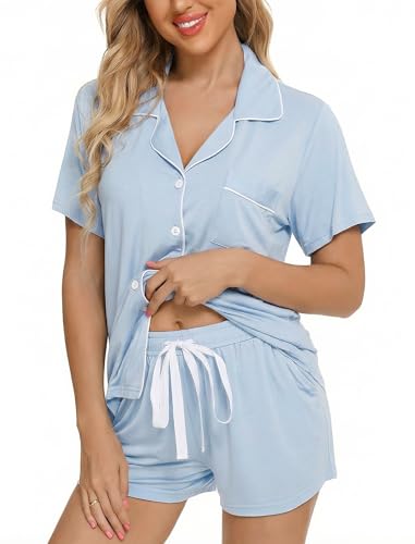 Leikar Womens Pajama Set Short Sleeve Button Down Pjs Viscose Soft Sleepwear Matching Lounge Shorts...