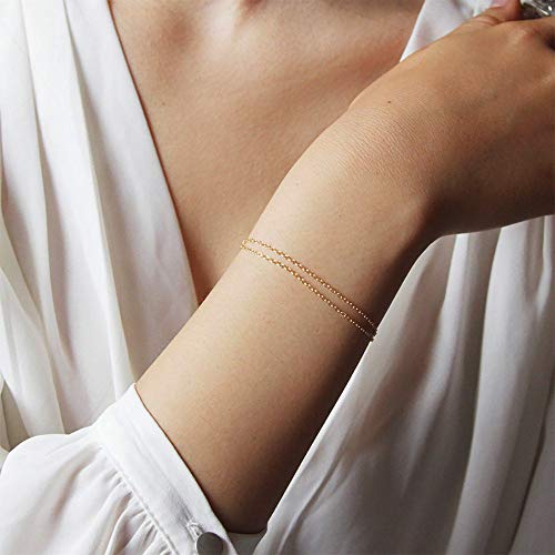 Image of Womens Dainty Gold Chain Bracelet,Simple Layered Chain Bracelets,Beaded Turquoise Bracelet,Charm Crystal Bar,Heart,Karma,Triangle,Pearl Bracelets for Women