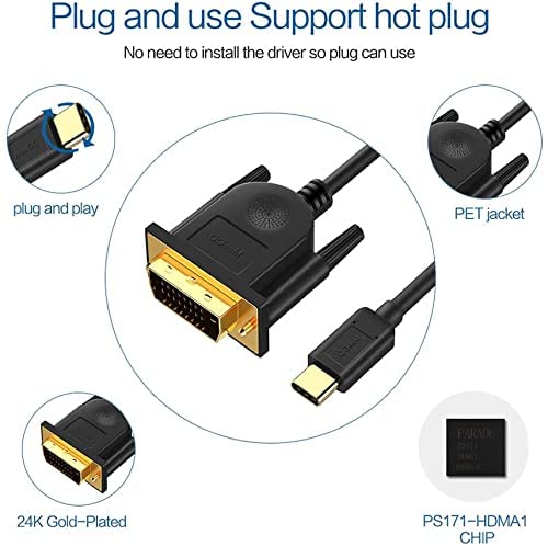 QGeeM USB C to DVI Cable Adapter, 4K@30Hz Thunderbolt 3 to DVI 10FT USB 3.1 Type C to DVI (24+1) Cable, Compatible with MacBook Pro/Air, Surface Book 2, Dell XPS 13, Galaxy S10, Pixelbook and More
