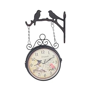 Vintage Double Sided Wall Clock for Home Room Office Farmhouse – Retro Iron Silent Two Faces Innovative Classic Wall Hanging Clocks with Bird Decor