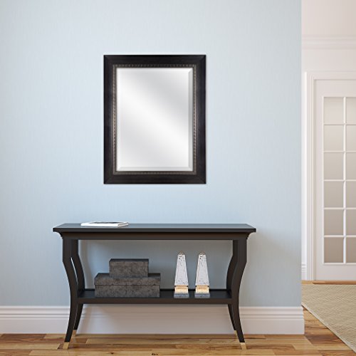 Image of MCS 23.5x29.5 Large Wall Mirror, Sloped Frame with Walnut Embossed Detail & Beveled Detail Mirror, Vertical & Horizontal Wall Hanging Mirror for Bathroom, Bedroom & Livingroom