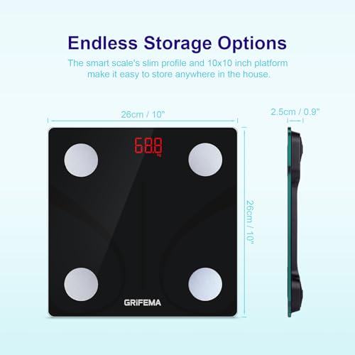GRIFEMA GA2001 Weighing Scales for Body Weight and Fat, Digital Bathroom Scales, Weight Scales, High Precision Measuring for BMI, Muscle, Body Age etc, Sync App, Black - Pack of 1 - Image 3