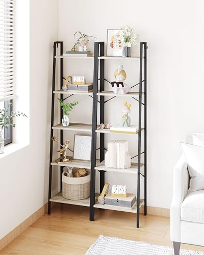 Image of Hzuaneri 5-Tier Ladder Shelf, Bookshelf Bookcase, Freestanding Corner Storage Shelve with 2 Hooks for Home Office, Living Room, Kitchen, Bedroom, Industrial, Greige and Black BC19205B