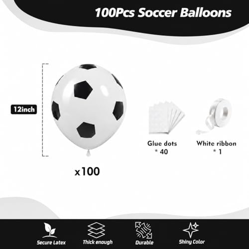 Image of 100pcs 12 inch Soccer Latex Balloons, Black White Soccer Ball Balloon for Boys World Soccer Birthday Anniversary Baby Shower Sports Themed Party Decorations Supplies with Ribbon
