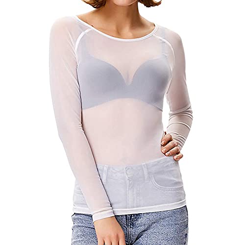 Blusa para mujer, de manga larga, transparente, sin costuras, moldeadora de brazos, blusa de malla, casual, negocios, oficina, ropa diaria, túnica, camisas de Reino Unido, A#01 Blanco, M Cover
