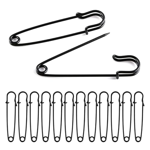 15 Pcs Large Safety Pins 75mm /3 Inch Duty Safety Pins Strong Heavy Duty Extra Large Black Safety Pin for Clothes Safetypin for Fixed Blankets Shawl for Thick Fabric Leather Crafts (black)