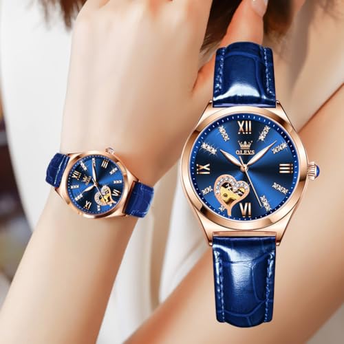 Image of OLEVS Watches for Women Automatic Ladies Watch Mechanical Leather Strap Self-Winding Diamond dial Waterproof