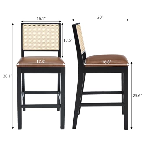 Image of Rattan Counter Height Bar Stools Set of 4, 26'' Modern Counter Stools with Cane Back, Mid Century Bar Chairs for Kitchen Counter /Home Bar /Restaurant, Brown