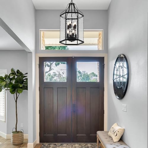 Lighceac 14 Inch Modern 8-Light Exterior Black Lantern Pendant Light Fixture With Clear Rippled Glass Mini Industrial Hanging Cage Chandelier For Outdoor Kitchen Dining Room Hallway Entryway Foyer Porch thumb #5