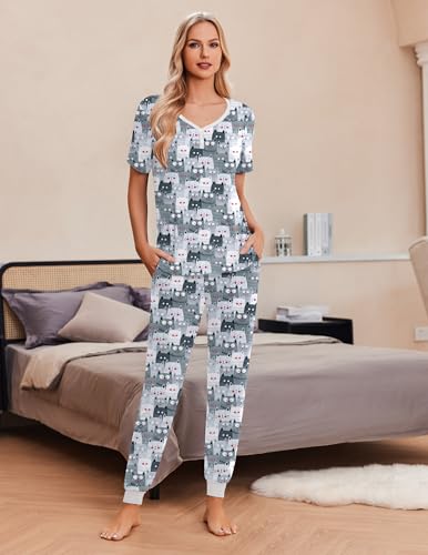 Image of Ekouaer Pajamas for Women Set 2 Piece Fall Lounge Sets Short Sleeve Pjs Joggers Long Pants Sleepwear with Pockets