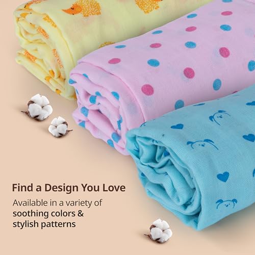 Image of LuvLap 100% Cotton Muslin Baby Swaddle Set, Baby Towel, Size-120cm x 100cm (47 inchx39 inch), Dots Hearts Print, 0-18 Month+, Printed Mulmal Muslin Swaddle Wrap for New Born, Pack of 6