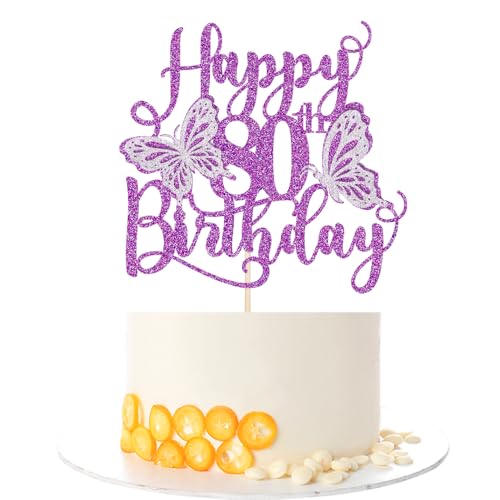 Kaoenla 3D Butterfly Happy 80th Birthday Cake Topper, Glitter eighty/80th Birthday/anniversary, Butterfly Theme Party Cake Decor (80th, Purple)