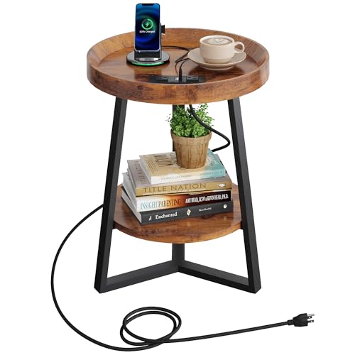 WLIVE Round End Table with Charging Station, Small Round Coffee