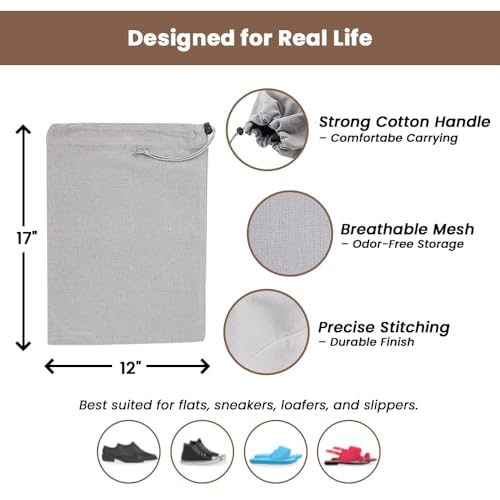 Image of LFH Cotton Rich Shoe Storage Bags with Drawstring, Dustproof Breathable Reusable Organizer, Perfect For Travel, Dorm, Hotel, College, Gym, Easy to Carry, Machine Washable 12 inchx17 inch (Pack of 4) - Grey