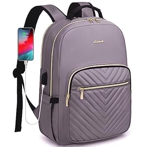 LOVEVOOK Laptop Backpack Purse for Women, Large Capacity Travel Business Computer Work Bag, Quilted Casual College Nurse Backpack for Womens, Fit 15.6 Inch Laptop with USB Port, Purple Grey