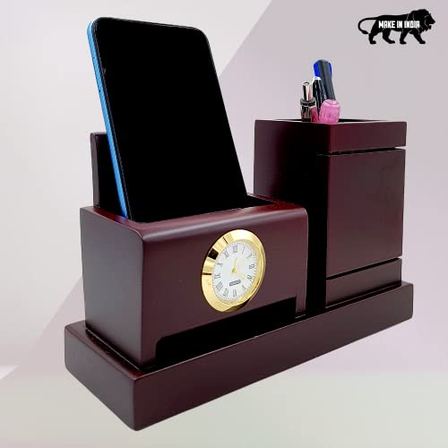 Image of WOOD HOUSE WOODHOUSE Wooden Pen Stand and Mobile Stand with Clock for Office /Study Table II Pen Stand for Teachers Doctors Advocates (Wood),Stationary, Brown