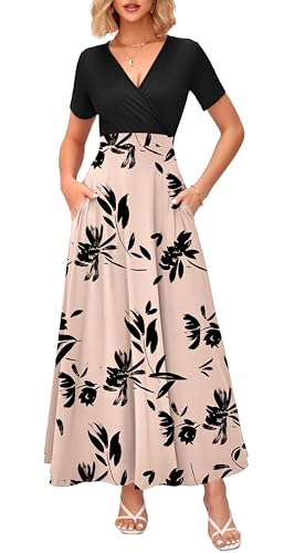 Image of WNEEDU Women's Summer Maxi Dress Short Sleeves Wrap V Neck Long Dresses with Pockets