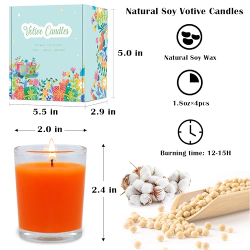 4 packs unscented orange votive candles in glass 2 inch natural soy wax scentless fall harvest autumn candles for halloween thanksgiving wedding party home holiday relaxation 12-15 hour burning time