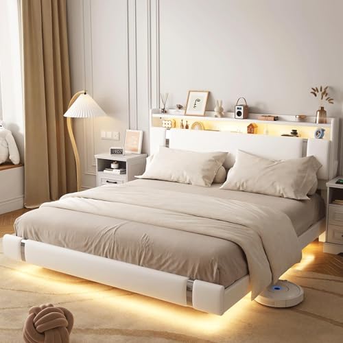 Seeday Floating Bed Frame with Storage Headboard, Modern White King Size Bed Frame with LED Light and Charging Station, Upholstered Platform Bed Frame, No Box Spring Needed, Metal Frame Noise-Free