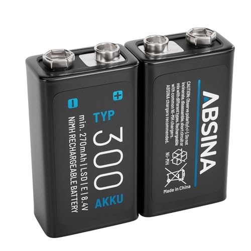 ABSINA 2X Pilas 9V Recargables 300 con Baja Autodescarga   Pila 9V de Bloque NiMH con 8,4V y al Menos 270mAh   Bateria Recargable 6LR61 6F22