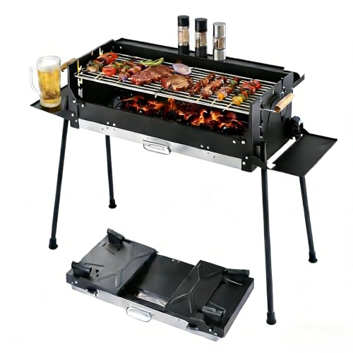 Folding Charcoal Barbecue Grill Stainless Steel Windproof BBQ Grill with 3-Sided Storage Board & Frying Pan Large Portable Grill for Backyard Garden Camping Picnic Party