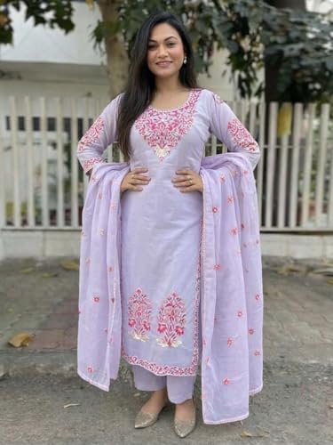 Image of GoSriKi Kurta Sets for Women Viscose Embroidered | Kurta Pant Dupatta Set | Straight Kurti Set for Women | Round Neck 3 /4 Sleeve Ethnic Suit | Designer Indian Kurti Outfit with Pants