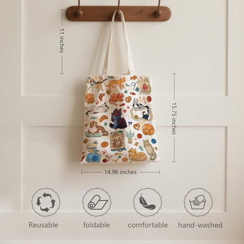 Ialtsidws Minimalist Cat Tote Bag for Women - Aesthetic Canvas Purse with Abstract Feline Print, Magnetic Snap Closure & Inner Zipper Pocket | Reusable Work Bag, Gift for Cat Lovers
