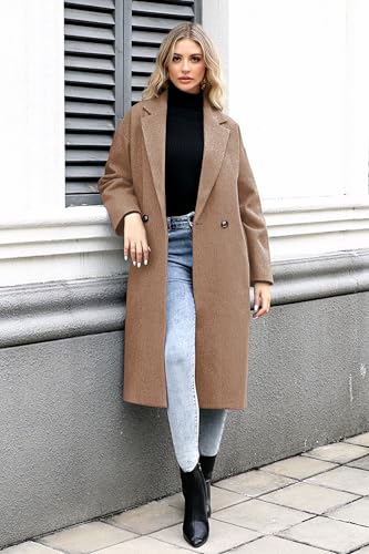 SAUKOLE Womens Winter Pea Coat Notch Lapel Double Breasted Wool Blend Oversized Overcoat with Pockets4