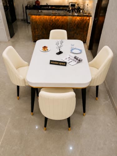 Image of WOODEN SPACE Majestic 4 Seater Wooden Dining Table Set | Urban Marble Top Dining Table with Chairs for Dining Room & Kitchen (Beige Infinity Backline)