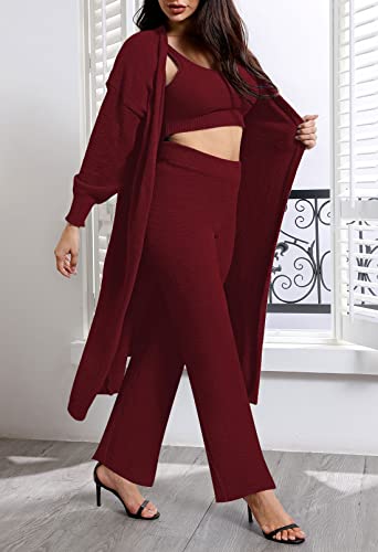 Image of Fixmatti Women's Fuzzy 3 Piece Sweatsuit Open Front Cardigan Crop Tank Tops Wide Legs Pants Lounge Sets