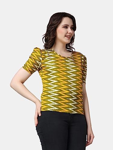 Image of POPWINGS Casual Printed Puff Sleeves Round Neck Top for Women || Stylish Summer Tops for Women || Hip-Length Women Top