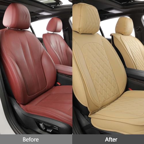 Image of MIROZO Front Seat Covers,Leather Car Seat Covers Breathable Automotive Seat Covers Car Seat Protector Vehicle Seat Cushion for Sedan, Truck and SUV (2PCS Front, Beige)