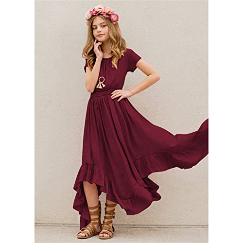 Girls Dress Print Ruffled Casual Kids Short Sleeve Swing Retro Rockabilly Dresses 7-12Y Party Irregular Clothes (Wine, 11-12 Years) #TOP4