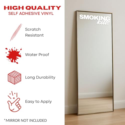 Image of Sticker for Glass & Mirrors| Minimal Vinyl Decal for Bedroom Bathroom & Cafe | Self-Adhesive Waterproof Quote Aesthetic Mirror Sticker | No Mirror Included (Smoking K*lls, Large, Matt White)