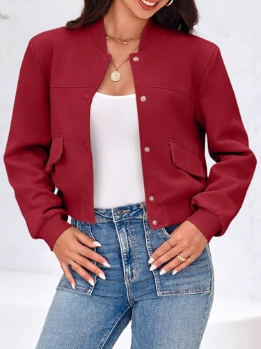 Image of Tankaneo Womens Cropped Bomber Jackets Casual Button Down Long Sleeve Stand Collar Varsity Shacket Coats