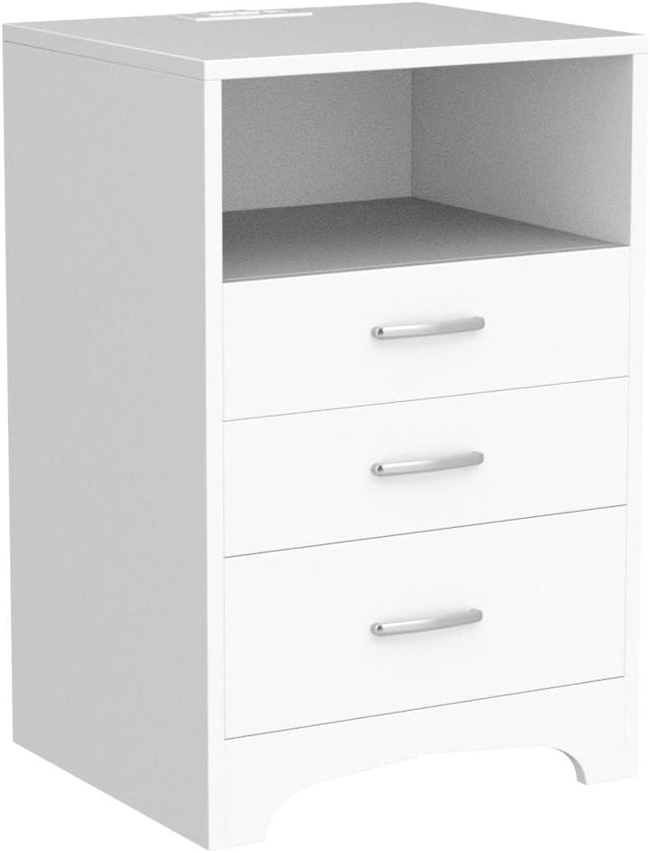 White Nightstand Set of 2 Nightstand with Charging Station, Modern End Side Table with 3 Drawer, Wooden Cabinet Stand by Sofa, Bedside Tables for Bedroom with USB Ports Outlet & Open Storage