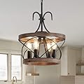 4-Light Farmhouse Wood Chandelier Light Fixture, 12" French Country Rustic Industrial Drum Hanging Pendant Lighting Over Table for Kitchen Island Dining Room Entryway