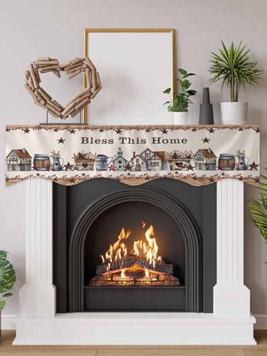 Chees D Zone Fireplace Scarf Vintage Farmhouse Wooden Barn Quotes Mantel Scarf Fireplace Top Runner Mantle Scarves Cover,Stars Berry Fireplace Mantle Table Runner for Party Holiday Home Decor