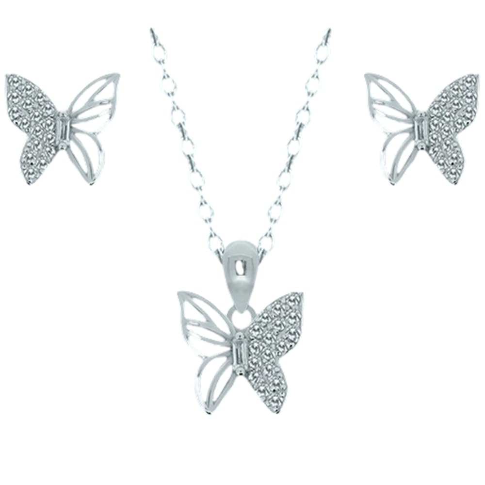 Set di farfalle, orecchini e girocollo in argento Sterling 925 rodiato con zirconi, motivo traforato, catena 40 cm, con confezione regalo